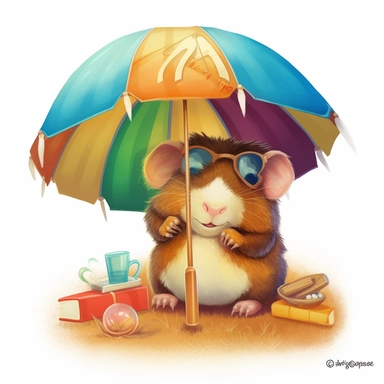 hyper-detailed clipart illustration of a happy Guinea Pig, sitting on a beach chair, wearing sunglasses and sipping a cold drink with a funny hat and a tiny paper umbrella, extreme close-up view, isolated on white background with margins, Studio Ghibli-style,