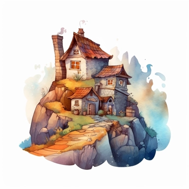 Create One clipart inspired by rocks on hill: The clipart exudes a cozy ambiance, with a sense of warmth and tranquility. , discovering its secrets and.cozzy watercolor style. in 4K. so it can be used in fantasy books. beautifull coloring