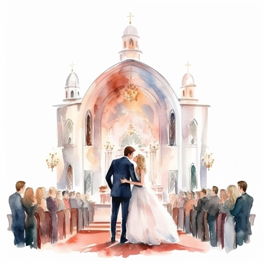 Wedding Watercolor, brides and groom in church in clipart on white background