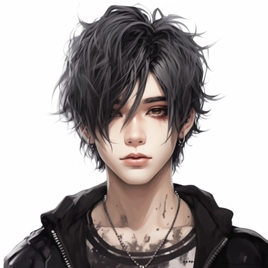 beautiful stunning handsome cute anime gothic e-boy, paint art style, clipart, white background, superrealistic, one of a kind