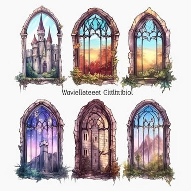 Fantasy Castle Window Watercolor Clipart, Window clipart, Fantasy clipart, hand draw Illustration clipart, 4K, extremely detailed