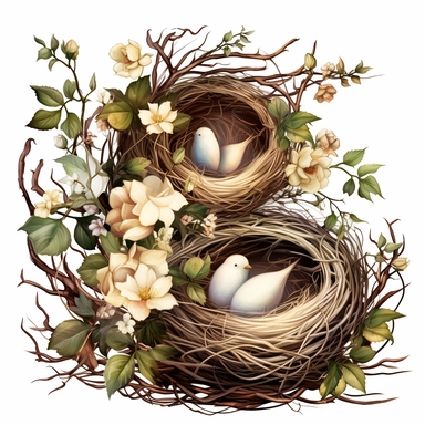 Capture the allure of an Enchanting bird nests in the garden . Craft an ultra-detailed, 8K quality clipart without signatures or distracting lines. Embrace realism and artistry, showcasing intricate floral blooms and lush foliage. Set against a clean, white background for maximum versatility. Create a high-quality clipart that resonates with American women, evoking a sense of tranquility and natural beauty. Let your artistry transport them to a captivating garden escape
