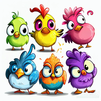 funny pink, yellow, blue, orange, and green chickens with ideal eyes, face, wings and legs, after pinnata party, hight detailed faces, cartoon style, white background, black outside lines, designs, white background, watercolor pencil drawing, small details, digital art, clipart, super acurate, –testp, pixar,