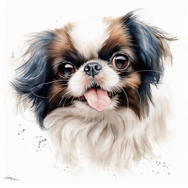cute Japanese Chin dog portrait, full face, centered shot, side shot, dynamically posed, in action, playful mood, happy mood, playing mood, cute face, adorable smile, childlike eyes, clean watercolor illustration, white background, nursery baby imagery, painting, detailed, 8k, PNG, clipart,