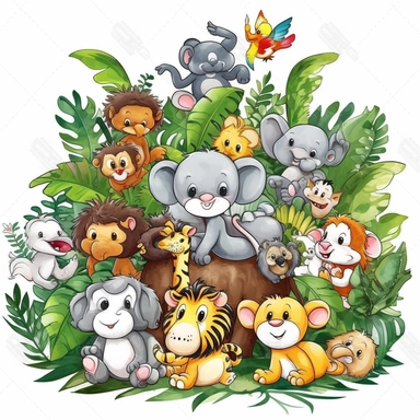 clipart with white background, baby jungle animals playing in the jungle, cute and adorable, clearly defined separate image, high quality--ar3:4-no mockups, watermarks, numbers, writing, letters--q2--v5.1--s1000