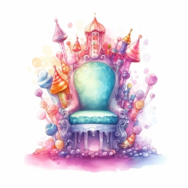 Fairytale style beautifull candy throne in the candyland with watercolor effect,candyland scene,candies,fantasy style,realistic features,vibrant colors,suitable for digital clipart,white background