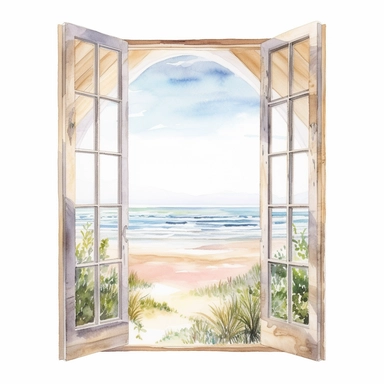 Ella bailey watercolour illustration style window frame with beach view, high definition, 8k, insanely detailed, fine detail, sharp focus, illustration, white background, isolated clipart vector