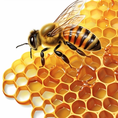 create image of homeybee on a honey dripping bee hive, clipart on white background