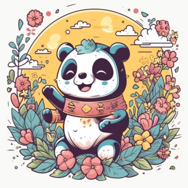 a happy panda with a bamboo shoot and a martial arts belt, depicted in a whimsical, surrounded by colorful flowers and butterflies. The mood of the artwork is cheerful and playful, with a soft pastel color palette. The lighting style is bright and sunny, evoking a warm and inviting feeling. clipart design graphic, vector, contour, super cute, isolated white background, high quality, 2d, flat