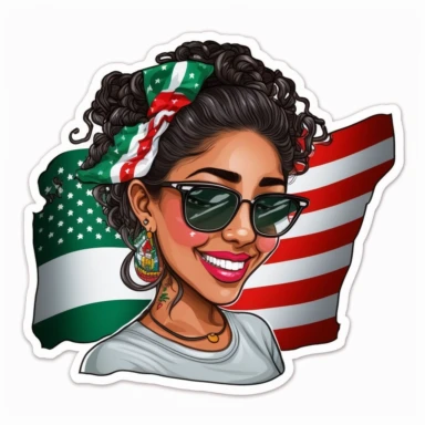 Pretty smiling Hispanic young woman with a t - shirth with the mexican flag, sombrero, , hair in a messy bun and sunglasses realistic cartoon style clipart sticker