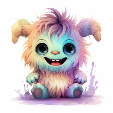 cute baby hairy monster watercolor in pastel colors clipart highly detailed with cute face cute teeth and smiling hyper realistic 16 k high resolutio