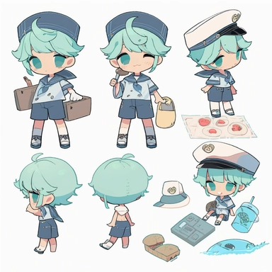 character sheet,knoling,clipart,belongings catalog, cute chibi character, long pale blue-green hair, long bangs, blue-green eyes, flat chest, beautiful young boy, sailor, blue shorts, dark blue socks, whale, cream soda, sandwich
