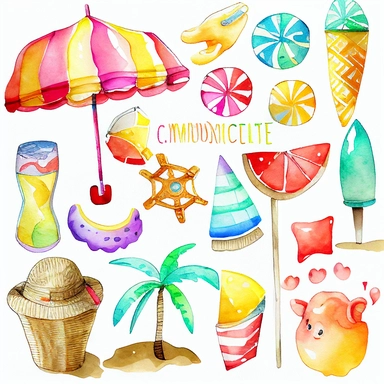 Please create a series of watercolor clipart illustrations featuring different items related to summer. Each illustration should be drawn in a charming and playful style that captures the beauty and vibrancy of the season. Items to include can be beach umbrellas, flip flops, sunglasses, ice cream cones, sandcastles, and seashells. Please use a coherent color palette that is bright, cheerful, and evokes the feeling of warmth and sunshine. Colors that are associated with summer, such as yellows, o