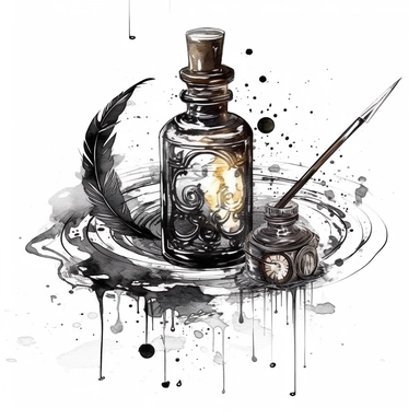 creepy magic ink bottle and quill pen with crescent moon clipart, detailed, white background, illustration painting, collaged constructions, digital art, watercolor, in the style of sculptural and geometric, forced perspective drawings, Geometric brushstrokes form an intriguingly abstract, in the style of dark fantasy, creepy frightening repulsive images, frightening, painterly figure, by Zdzisław Beksiński