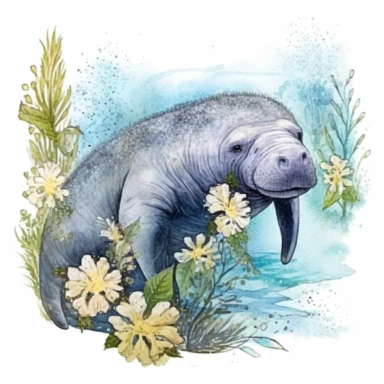 hand drawn Florida manatee, in crystal blue water, underwater with plants, very detailed and realistic, watercolor, white background with margins, clipart style
