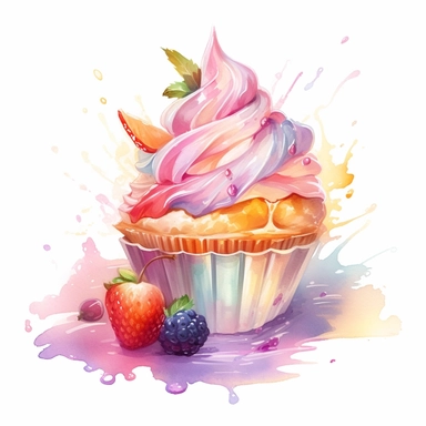 a drawing of a dessert featuring candy and whipped cream, in the style of pastel toned, shiny/glossy, colorful fantasy realism, caffenol developing, warmcore, #screenshotsaturday, rubens, white background, isolated, free brushstrokes, watercolor illustration, clipart,