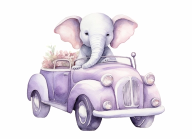 watercolor cute little baby elephant in a retro car, in the style of light silver and light purple, victorian-inspired illustrations, nature-inspired pieces, 5 sets of clipart of different playful compositions, plush doll art, high resolution, isolated on a white background