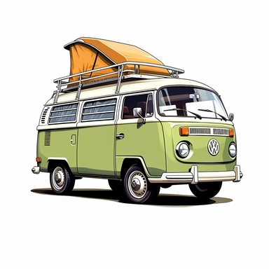in clipart style, A meticulously crafted illustration of a Green 1970 Volkswagen Westfalia Camper with a raised roof highlighting its iconic design and graceful contours, placed against pure white background (style: evoking the accuracy and refinement of classic automobile blueprints) (lighting: deliberate, directional lighting, casting gentle highlights and shadows on the car's structure) (colors: an elegant palette of red for the Volkswagen's body set against a pristine, white backdrop) (compo
