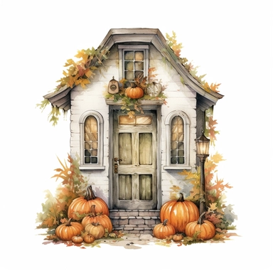 watercolor and colored pencil illustration of a quaint front door at halloween, highly detailed, realism, isolated on white background, high resolution clipart