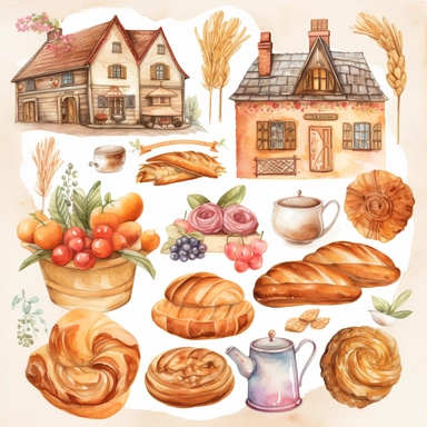 make a vector design sticker sheet with lots a french cafe theme, watercolor, spread out clipart, bread, desserts, cakes, macarons, tea, french bread, flowers