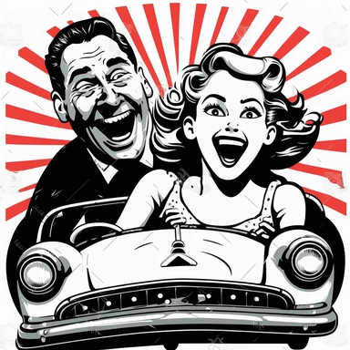 a euphoric happy father and daughter, on a bumper car, looking to the camera, in style of 1950`s clipart black and white