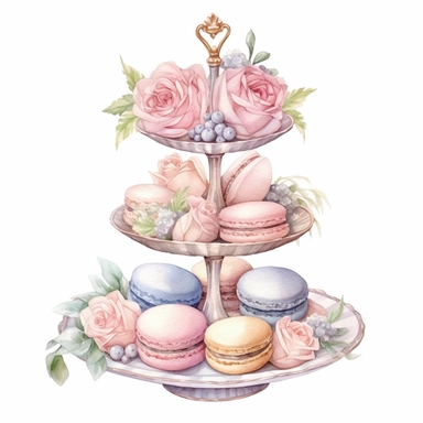 Clipart, Watercolor, Blush Peony Shabby Chic Tier Candy Tray with cupcakes, Macarrons and sandwiches, light colors, hand-draw, texture