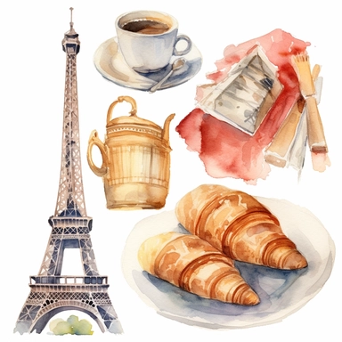 Paris travel watercolor clipart, including eiffel tower, a croissant, baguette
