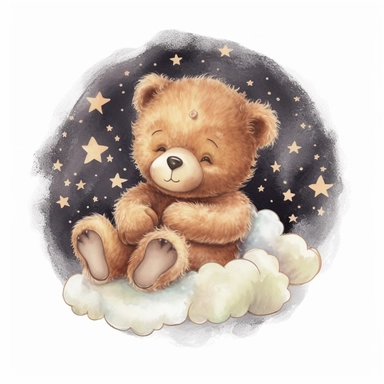 Cute teddy bear illustration, realistic adorable teddy bear sleeping on a soft moon surrounded by stars, sleepy happy clipart, nursery style clipart, Nursery Animals Art, Kids Wall Art, Kids Room Decor, Baby Room Decor, isolated on white, ultra - detailed, high quality, ghibli style, award winning