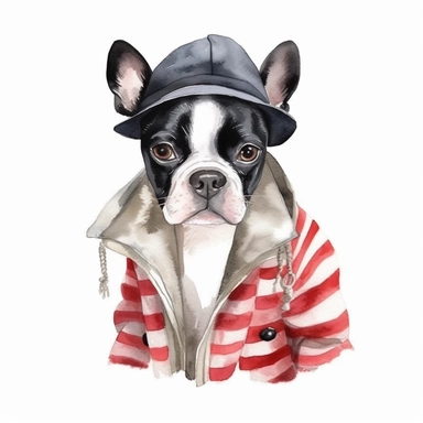 An adorable watercolor clipart of a Doggy Diva wearing a fashionable outfit, black and white Boston Terrier