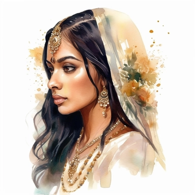 Glamorous and romantic wedding realistic watercolor, the beautiful profile of the Indian bride with long black wavy hair, wearing bohemian jewelry, with henna on her hands, wearing Juliet cap veil, translucent, multi-layered, delicate, with a bouquet of orchids, greenery, very delicate colors, golden hour, fashion photography, watercolor clipart--ar 3:2--no watermarks, no text