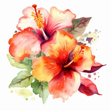 Watercolor Tropical Hibiscus Clipart by Thomas W. Schallerof: A vibrant and exotic design featuring tropical hibiscus flowers in shades of pink, orange, and red on a white background. The flowers are different-size and bold, while the leaves are thick and tropical, creating a lively and festive composition
