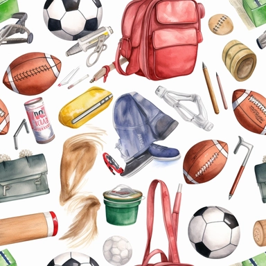 Watercolor style, sports, football, rugby, tennis, golf, cricket, variations, hyper realistic detailed clipart, colored pencils, erasers, backpacks on a white background