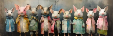 a line of cute miniature pigs, a collage of mixed media art made with tissue paper, magazine and newspaper clippings, oil paint, graphite pencil lines and fabric, in the style of playful surrealism, whimsical, washi tape