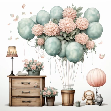 watercolour, baby theme, clipart, soft and muted pastel nuances, white background