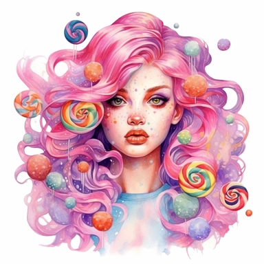 Watercolor gorgeous pink and rainbow haired candy girl Sublimation Clipart,hyper realistic, intricate detail, illustration style,high solution,on the white background