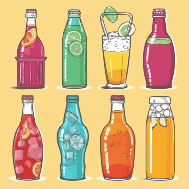 clipart designs featuring a variety of popular beverages, from soda and iced tea to cocktails and smoothies. The designs should be colorful and eye-catching, with each beverage presented in a unique way that highlights its distinctive characteristics. For example, the soda could be in a vintage-style glass bottle with bubbles fizzing up around it, while the cocktail in martini glass with a decorative garnish. The overall color scheme should be bright and playful, with colors like red, blue, and 
