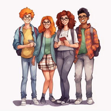 watercolor, Group of diverse modern students or classmates standing together. Portrait of happy young people png Full body realistic cartoon in 32K UHD cute. 15 cm thick outline. Black color. There was no shadow on the ground. 8k with realistic watercolors and detailed illustrations. PNG clipart, transparent white background