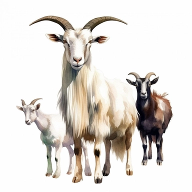 Animal Clipart, Group of Goats, Full body of Goats, Watercolor, white background, solid white background, Highly detailed, Super sharp, Realistic