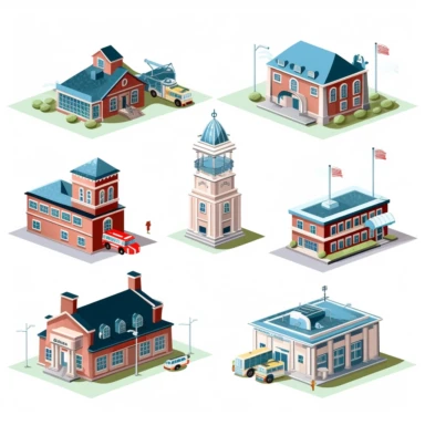 clipart style images of various police station, fire station, and hospitals. isolate on a white background