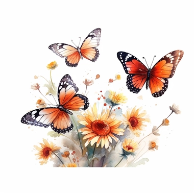 watercolor style butterflies flying among delicate wildflowers medley isolated on white background clipart