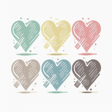 Six cute heart-shaped icons vector clipart in the style of lively brushstrokes, star art group (Xing Xing), label and marker style, minimalism, muted colors, white bakcground