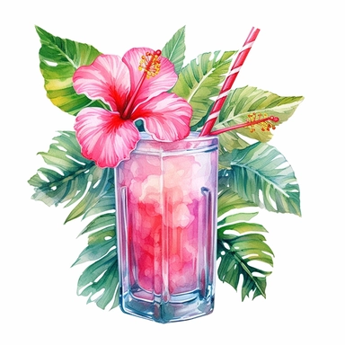 Pastel Cute Beautiful Hawaii Drinking tropical flower Watercolor Sublimation Clipart,Cartoon, hyper realistic, intricate detail, illustration style,high solution,on the white background