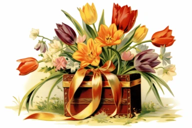 Vintage 1920 detailed open victorian gift box of Tulips Illustration , Chromolithograph, Die Cut, 1920s Illustration, Vintage, Chromolithograph, Colorful, Antique, Ephemera, Clipart, 8k, Isolated on white