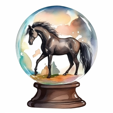 a beautiful glass globe with a wooden base, a black horse inside of it, watercolor clipart