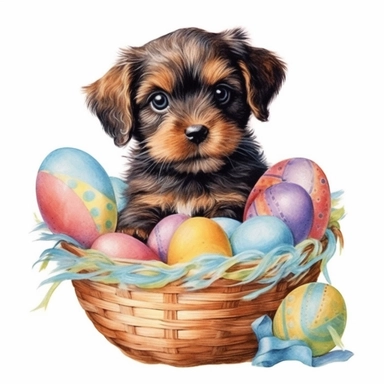 Easter baby puppy, cute, colourful, highly detailed, watercolor, clipart, no signature, no text