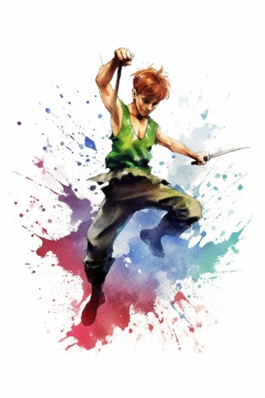 Clipart style, full-body figure of Peter Pan fighting, disney cartoon characters, low detailed, aquarel painting style, volume and bright colors, white background