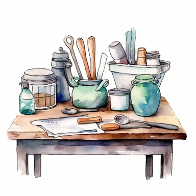 watercolour kitchen table with baking utensils, clipart on white background, no watermark, highly detailed, professional color gradation, clean sharpness