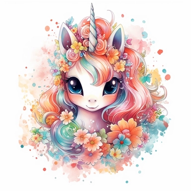 High level watercolor, hyper realistic cartoon, transparent background with margins, 8k, ultra detailed clipart, cute colorful unicorn, with big cute eyes, flower, and shimmering fairy dust, magical pattern, cool, fairy
