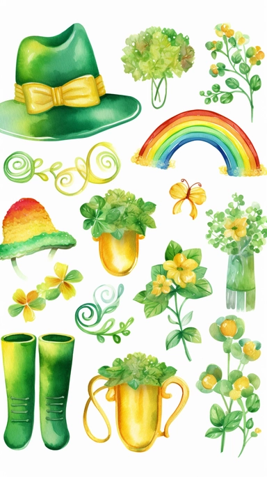 a set of St. Patrick's Day clipart, featuring elements leprechaun hats, shamrocks, pots of gold, rainbows, horseshoes, and Celtic knots, watercolor clipart on white background