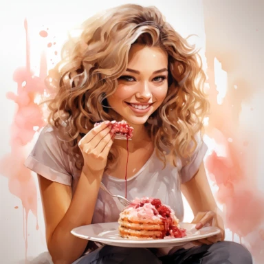 girl woman eating cake with rhubarb watercolor clipart